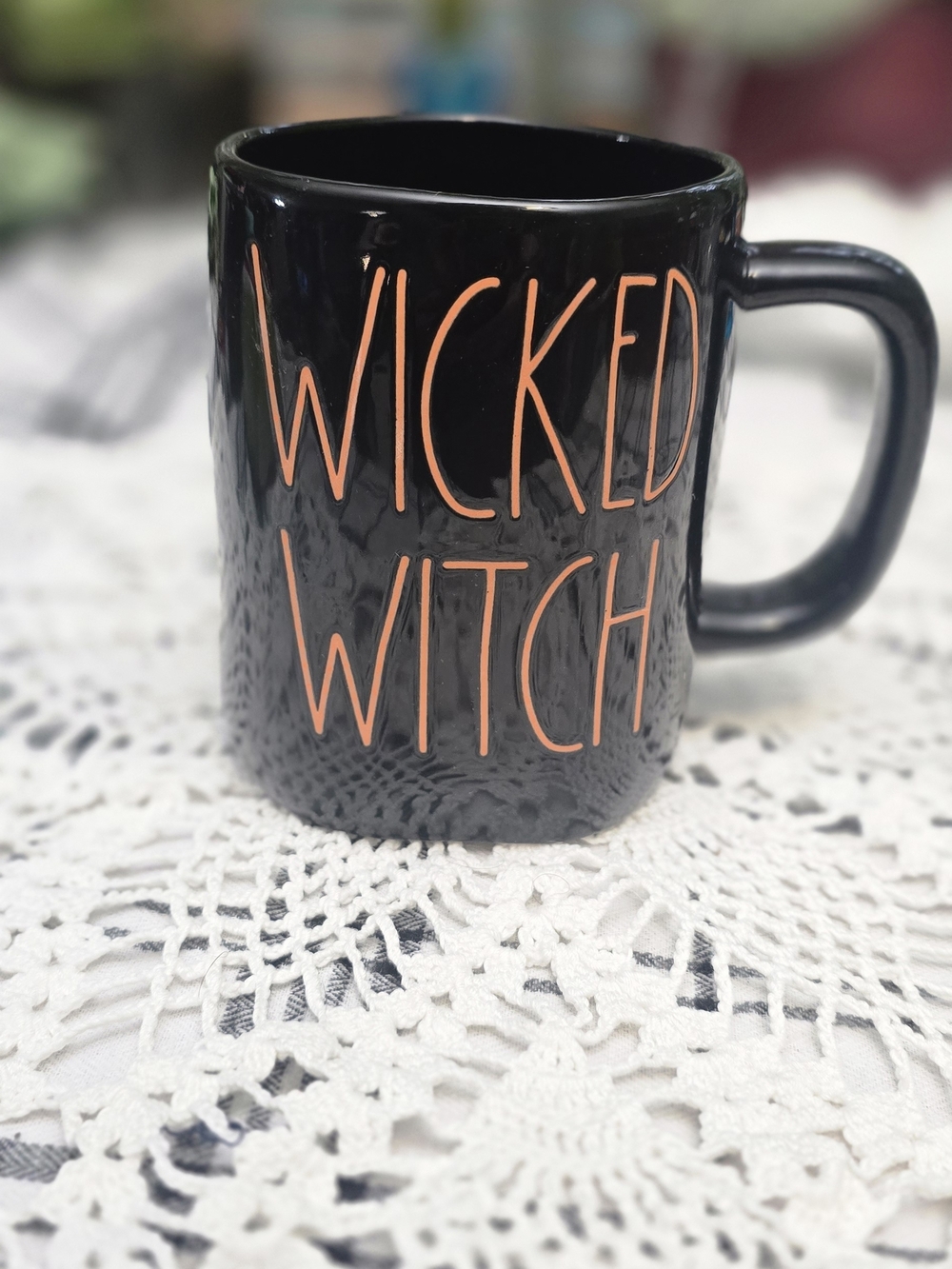 Rae Dunn Black Mug with Orange Lettering
